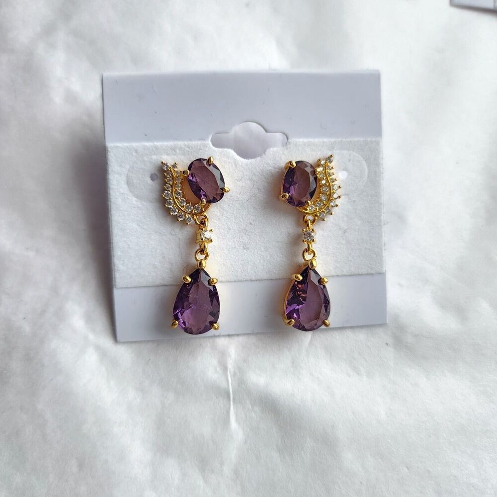 Amethyst Earrings Post Back 925 Sterling Silver Gold Vermeil Dangle New Romantic - Picture 2 of 9